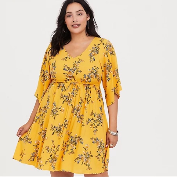 YELLOW FLORAL KIMONO SLEEVE STRAPPY CHALLIS DRESS - Picture 3 of 5